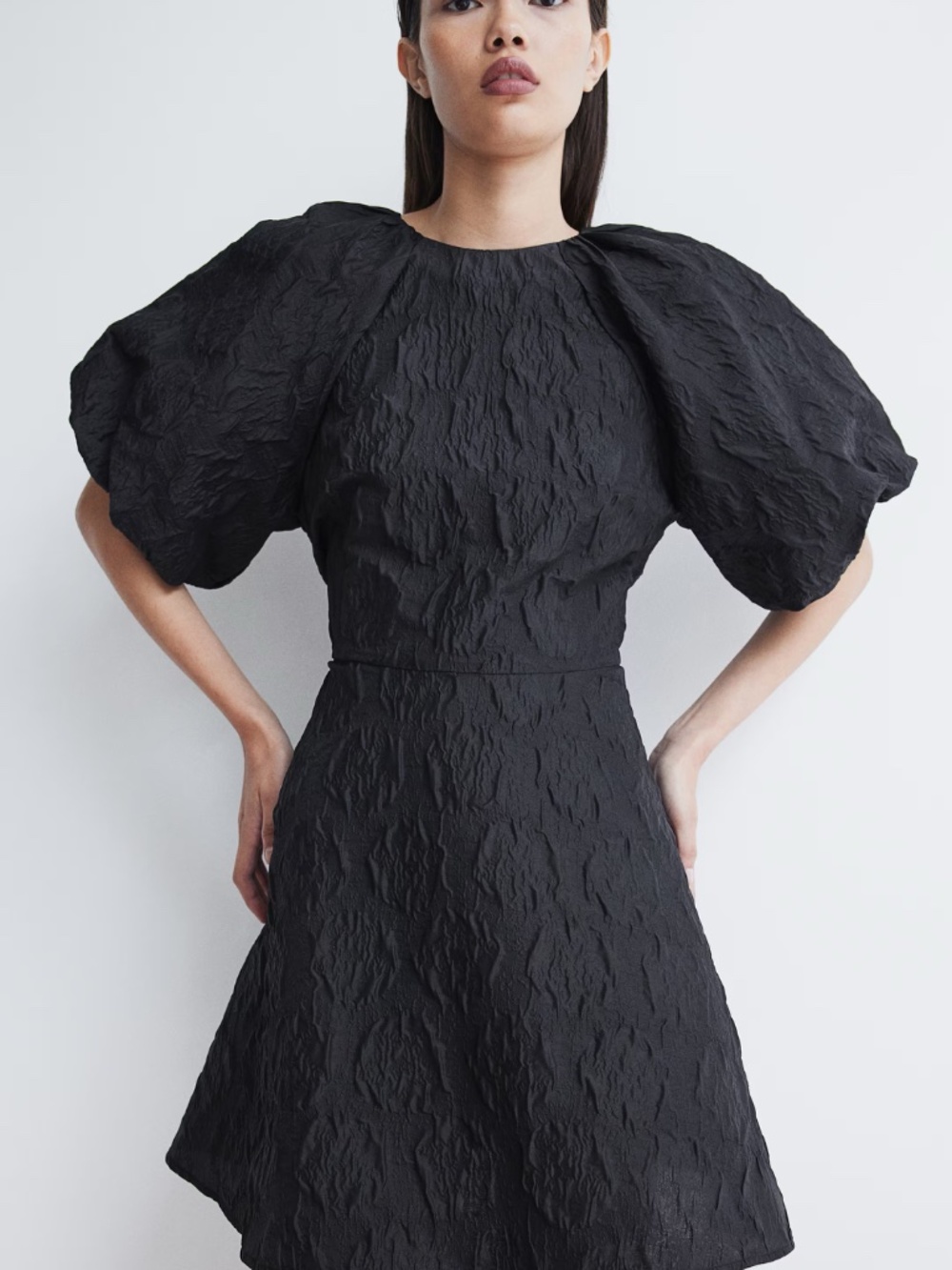 H&M Black Jacquard-Weave Tie-Back Puff Sleeve Holiday Party Mini Dress SZ XL EUC